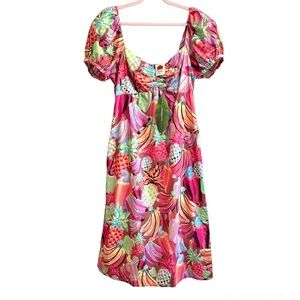 NWT FARM Rio Fruit Salad puff sleeve midi dress, size XL